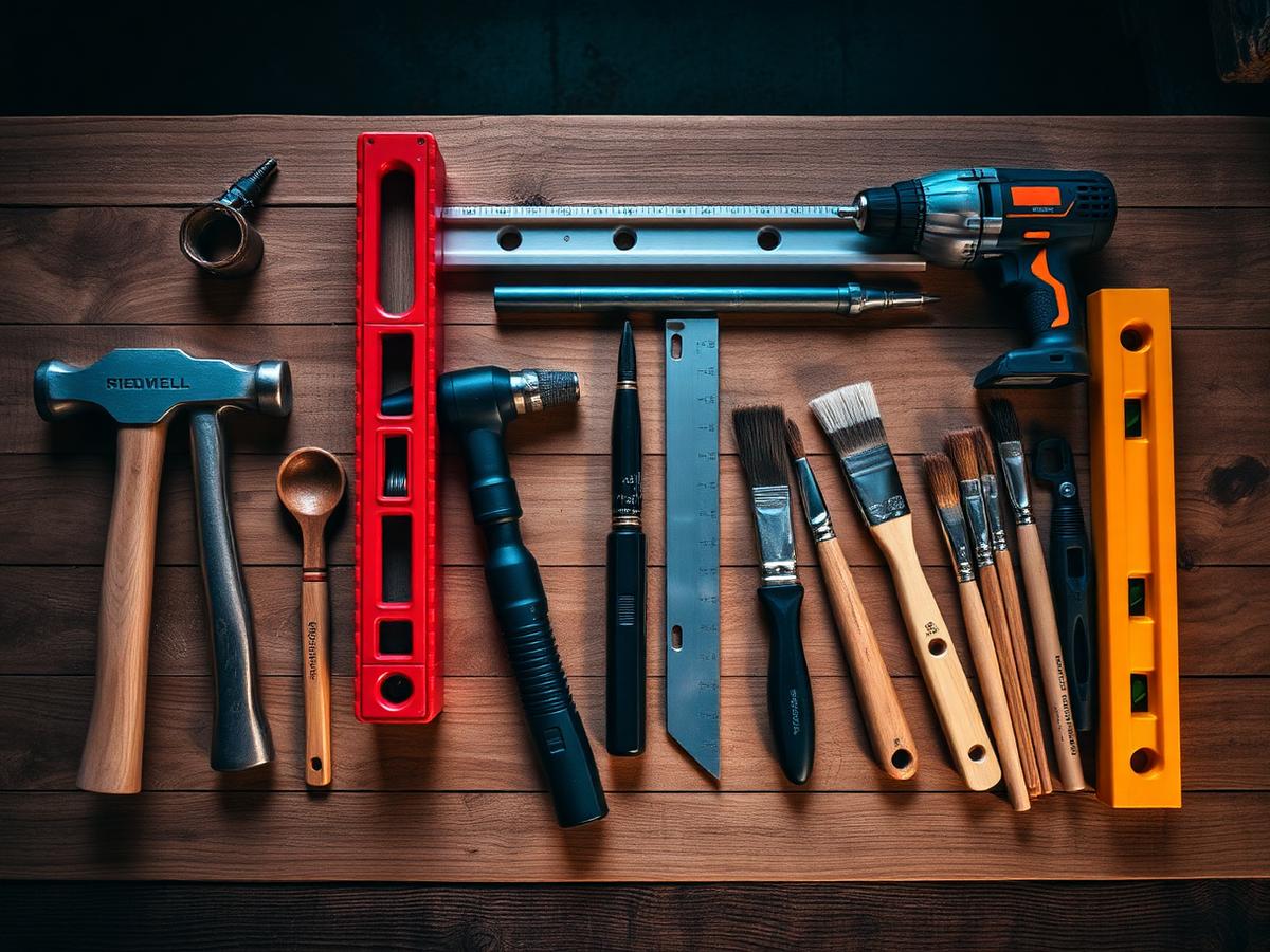 Handyman tools arranged on wood workbench